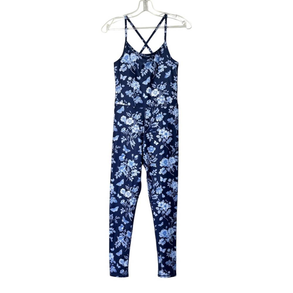 Terez Navy Blue Floral Crisscross Back TLC Bodysuit Size S
